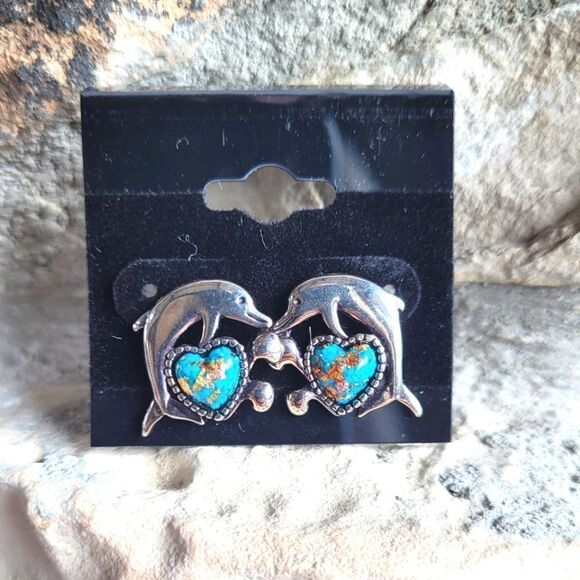 New! Genuine Turquoise Dolphin Jumping Heart Stud Earrings 🐬 - Picture 2 of 2
